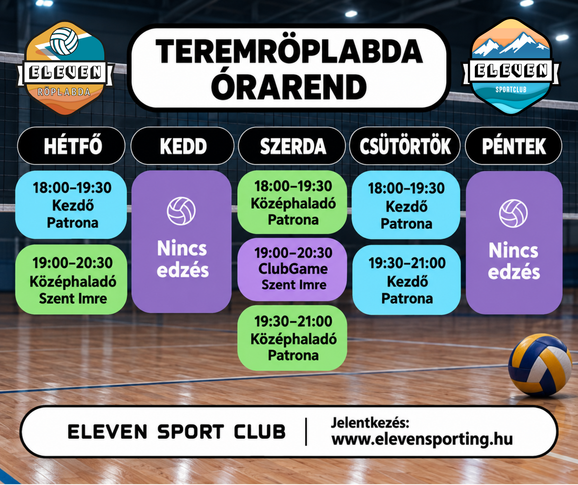 Teremröplabda edzések órarendje, 2026–2027